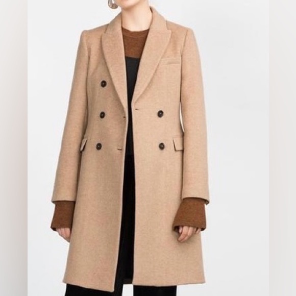 RARE Zara Tan Camel Wool Blend Double Breasted Tailored Fit Winter Trench Coat - Picture 15 of 16